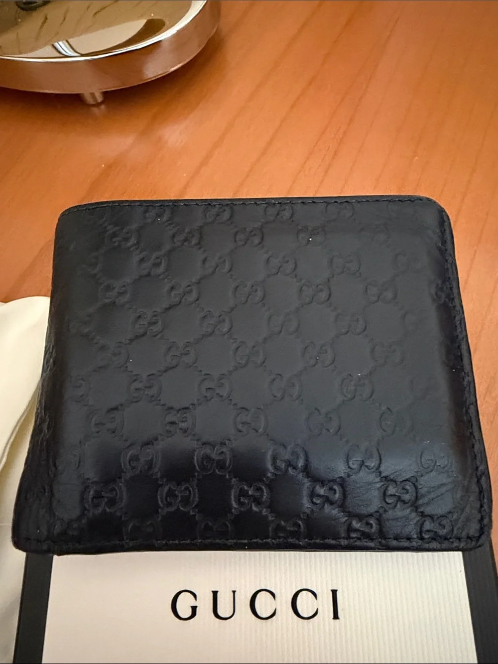Gucci DARK BLUE Embossed Leather Bi-Fold Wallet with Logo Pattern